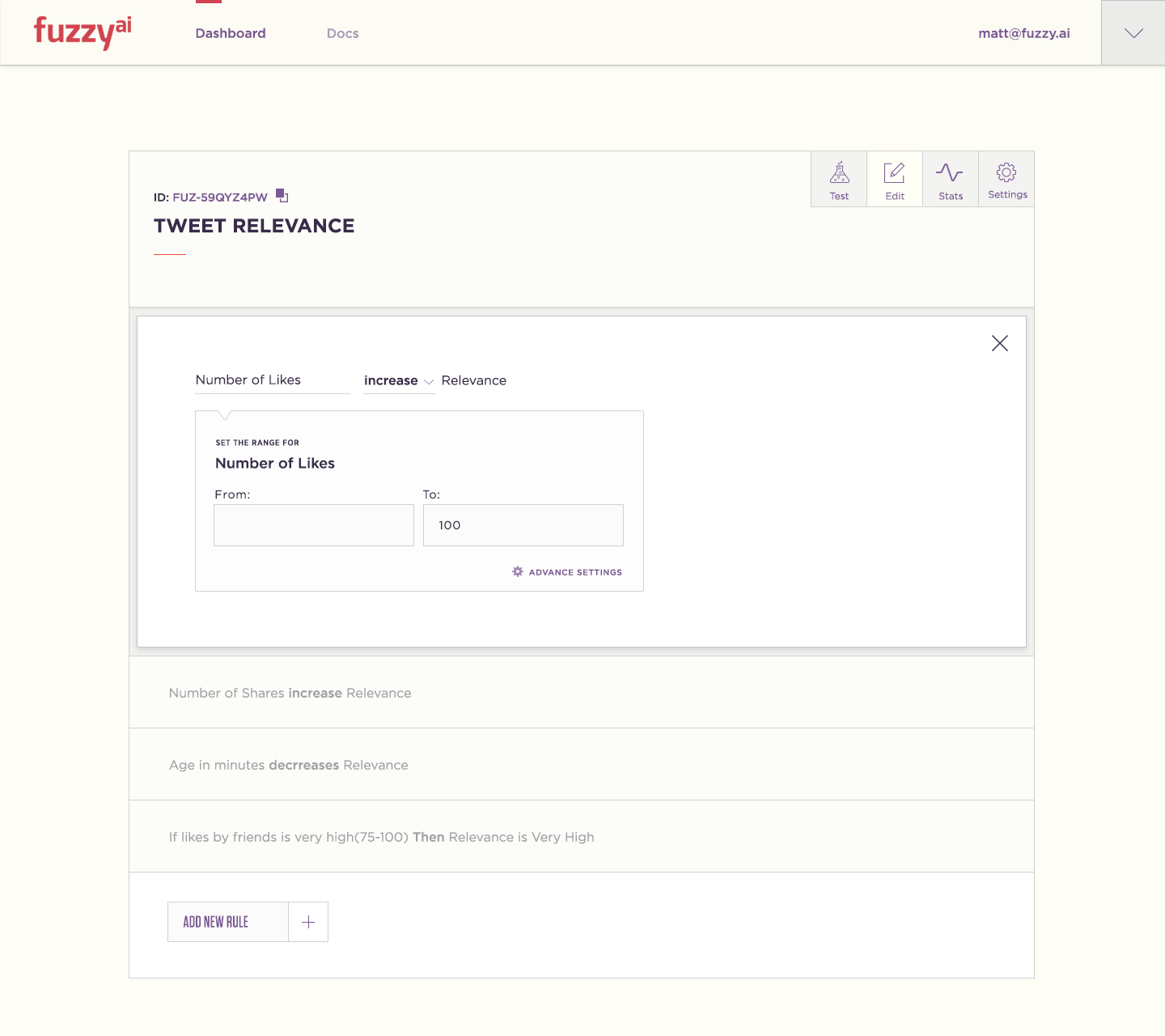 Configuration interface for Tweet Relevance agent